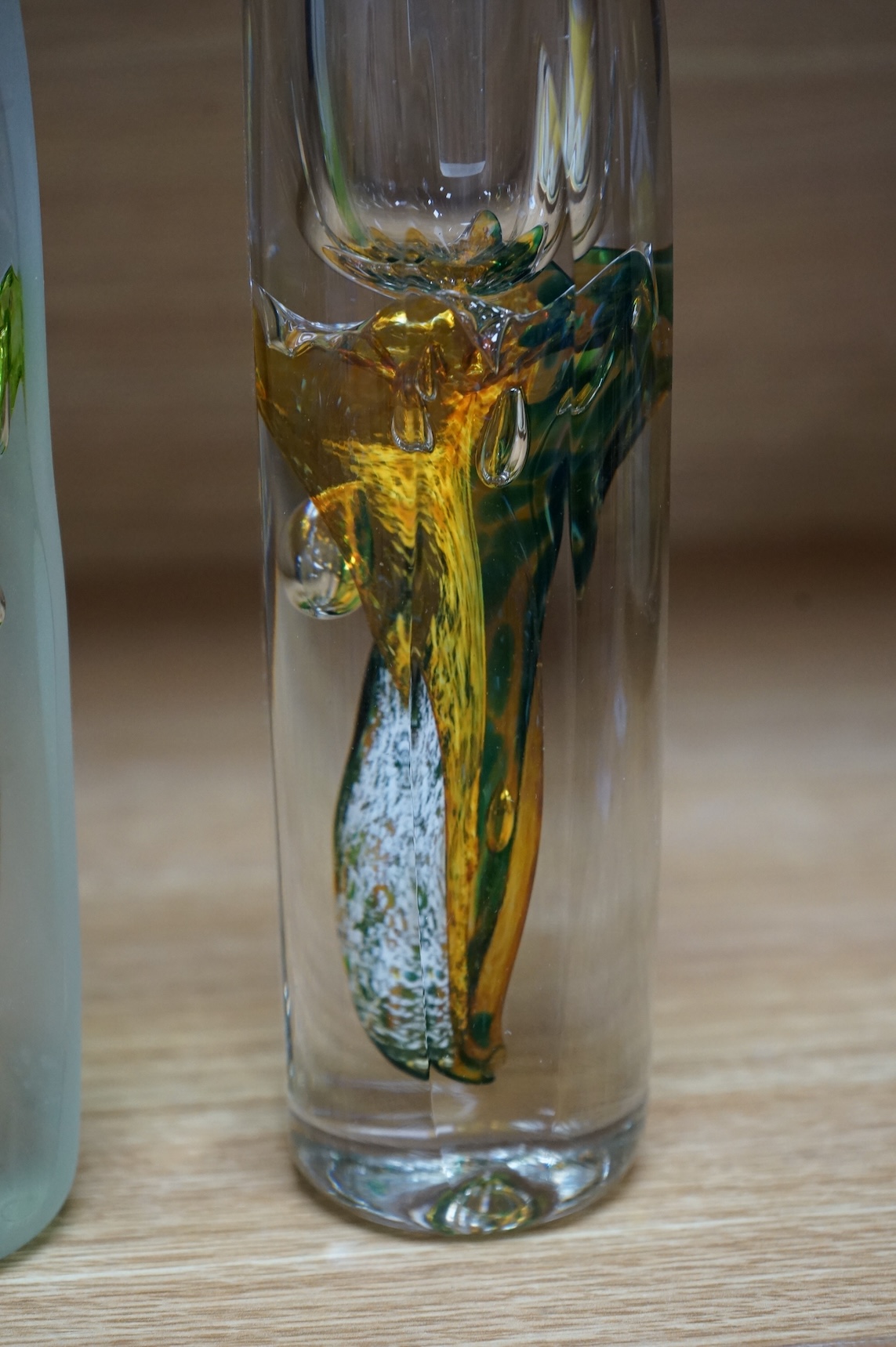 Jane Charles, two oversized art glass scent bottles and stoppers, signed to the bases, 29cm high